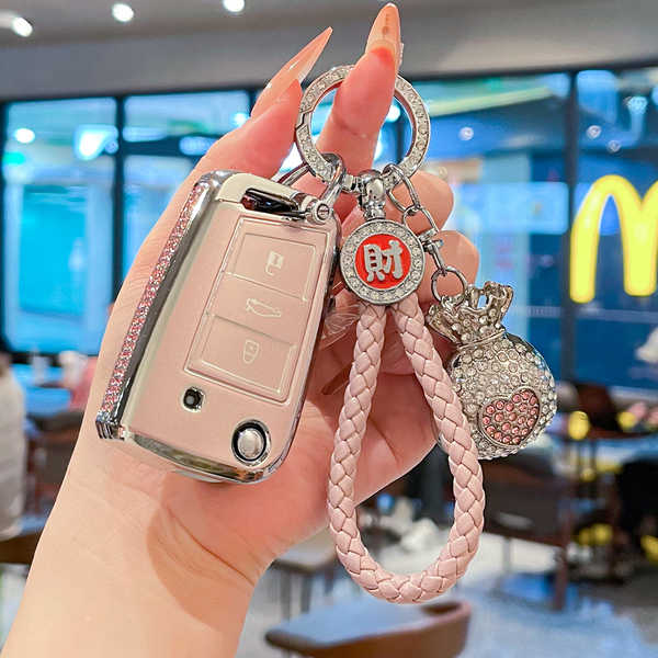Volkswagen Key Cover - Durable & Stylish | Wholesale & Custom Logo - 【Style E】Fluorescent Pink + Silver Star Rhinestone Buckle