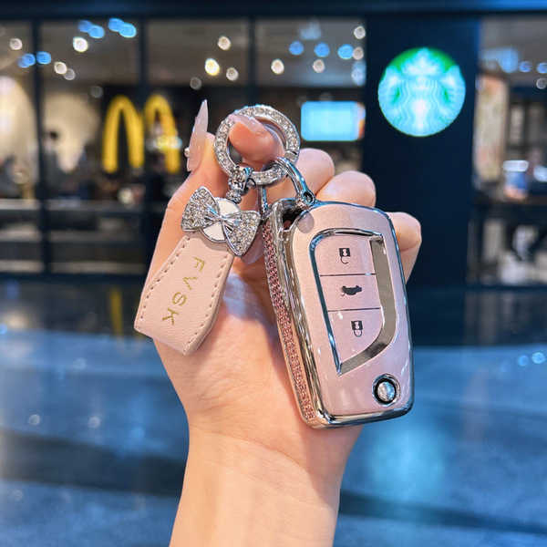 Toyota Foldable Key Case - Durable & Stylish | Wholesale & Custom Logo - Style A: Silver Flowing Pink + Mini Butterfly Ribbon