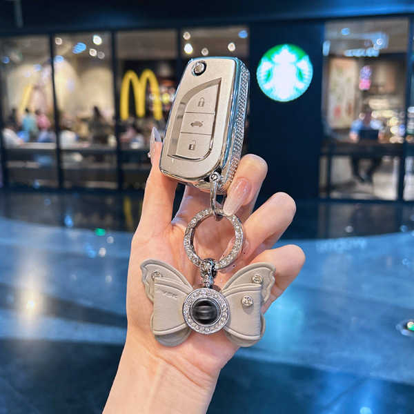 Toyota Foldable Key Case - Durable & Stylish | Wholesale & Custom Logo - Style A: Silver Sand Gray + Diamond Bow