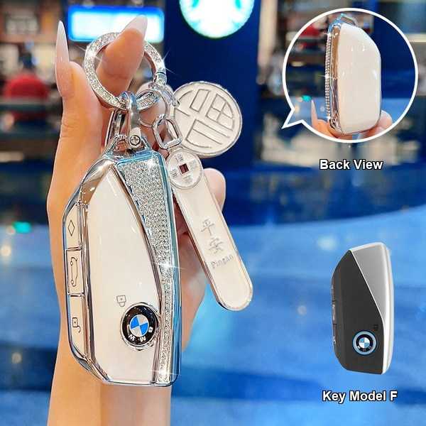 BMW 5 Series Key Cover - Stylish & Durable | Wholesale & Custom Logo - Style F [Diamond-encrusted] Milky white with silver trim + 