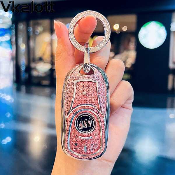 2024 Buick Regal Key Cover - Premium Leather | Wholesale & Custom - Color: D-style four-button [Crystal Pink] with silver diamond ring