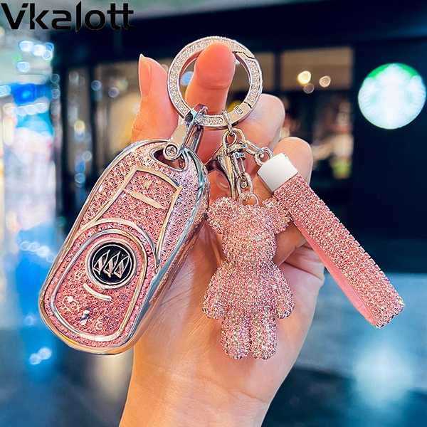 2024 Buick Regal Key Cover - Premium Leather | Wholesale & Custom - Color: Style D, 5-button [Crystal Pink], Silver Diamond Ring, Pink Full Diamond Bear