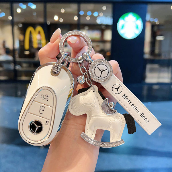 Mercedes Key Cover - Durable & Stylish | Wholesale & Custom Logo - Mercedes-Benz C-Class Pearl White + Car Logo Leather Cord + 