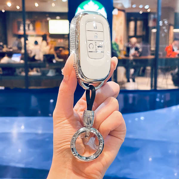 GAC Honda皓影 Key Cover - Luxury & Stylish | Wholesale & Custom - O-style diamond-encrusted milky white silver trim + high-end round buckle