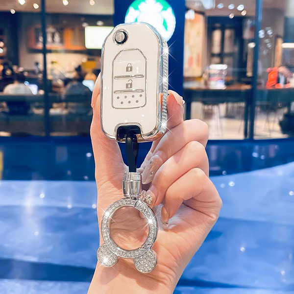 GAC Honda皓影 Key Cover - Luxury & Stylish | Wholesale & Custom - Style A features a two-button diamond-encrusted milky white silver trim and a rhinestone Mickey Mouse clasp.