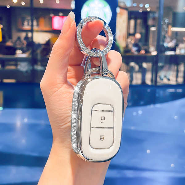 GAC Honda皓影 Key Cover - Luxury & Stylish | Wholesale & Custom - O-style two-button diamond-encrusted milky white silver trim + rhinestone ring