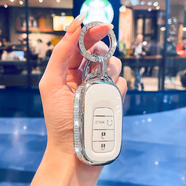 GAC Honda皓影 Key Cover - Luxury & Stylish | Wholesale & Custom - O-style start button with diamond-encrusted milky white silver trim and sparkling diamond ring.