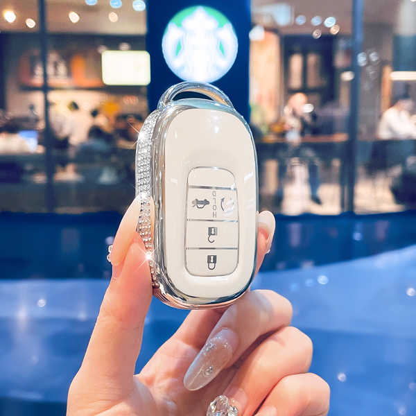 GAC Honda皓影 Key Cover - Luxury & Stylish | Wholesale & Custom - O style with rhinestone-studded milky white silver trim + single shell