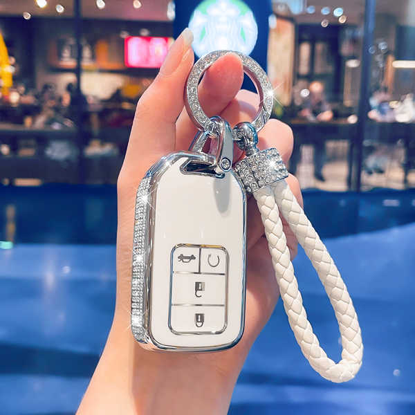 GAC Honda皓影 Key Cover - Luxury & Stylish | Wholesale & Custom - Style C features a diamond-encrusted milky white silver trim and a diamond-encrusted woven cord.