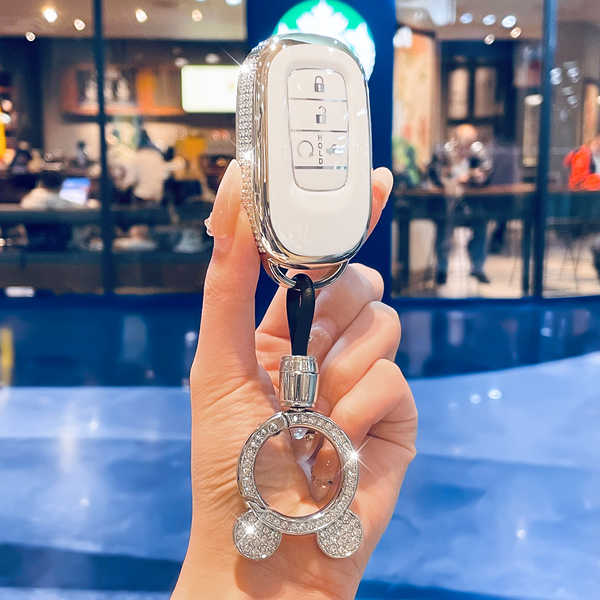 GAC Honda皓影 Key Cover - Luxury & Stylish | Wholesale & Custom - O-style diamond-encrusted milky white with silver trim and sparkling diamond Mickey Mouse clasp