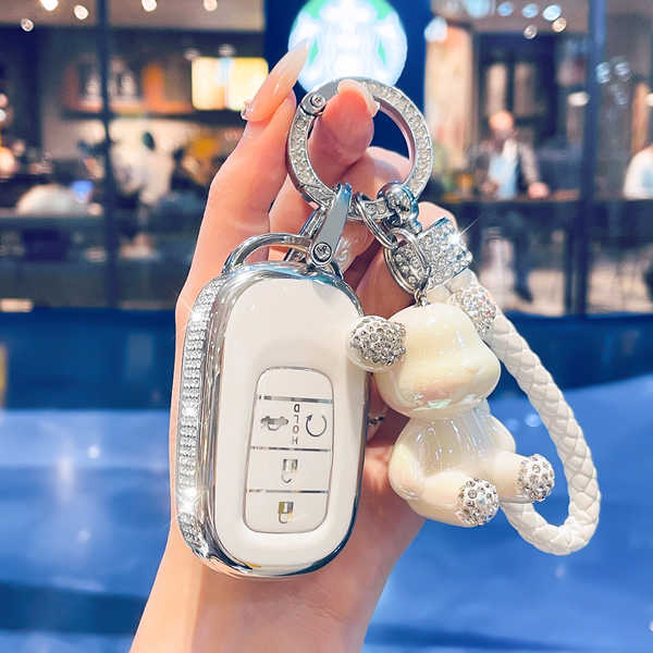 GAC Honda皓影 Key Cover - Luxury & Stylish | Wholesale & Custom - Style O: Diamond-encrusted milky white silver trim + diamond-encrusted woven cord + diamond-encrusted bear