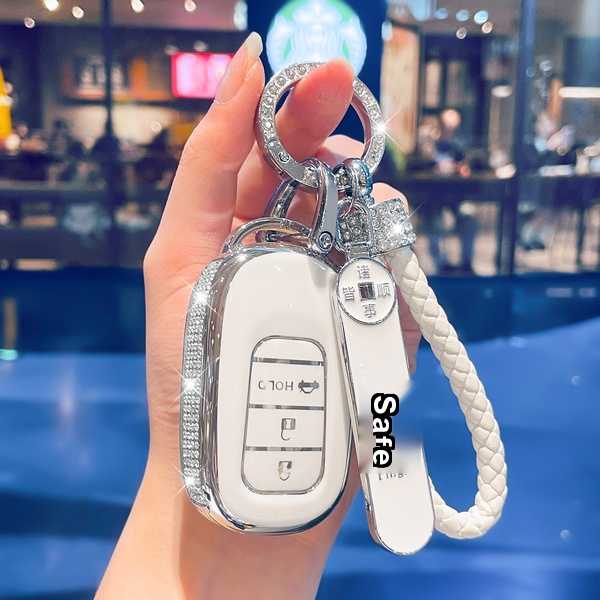 GAC Honda皓影 Key Cover - Luxury & Stylish | Wholesale & Custom - Model O features a tailgate button with rhinestone-encrusted milky silver trim, rhinestone-encrusted woven cord, and a safety number plate.