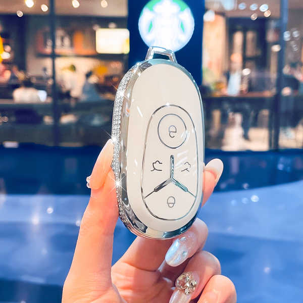 Geely Star Wish Key Cover - Stylish & Durable | Wholesale & Custom - L-shaped, diamond-encrusted milky white with silver trim + single shell