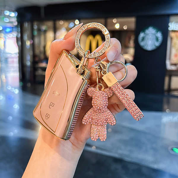 Lexus Key Cover - Stylish & Protective | Wholesale & Custom Logo - Style A: glittery pink color + star-shaped clasp + pink rhinestone-encrusted teddy bear