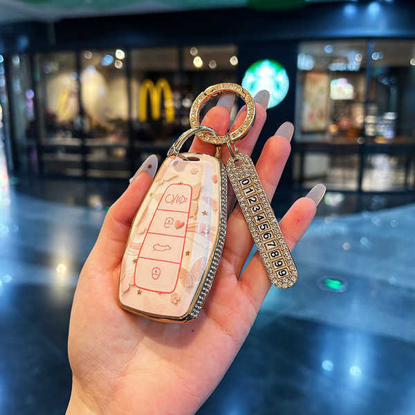 Jeely Starry Key Cover - Denim Style & Comfort | Wholesale & Custom Logo - AB style pink butterfly + star diamond buckle + number tag