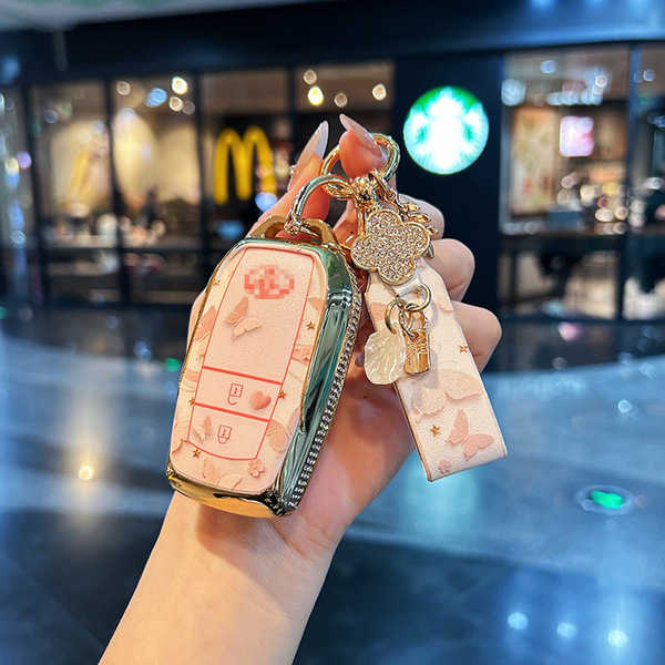 Toyota Camry Key Cover - Durable & Stylish | Wholesale & Custom Logo - Style C: 2-button pink butterfly + lucky French ribbon