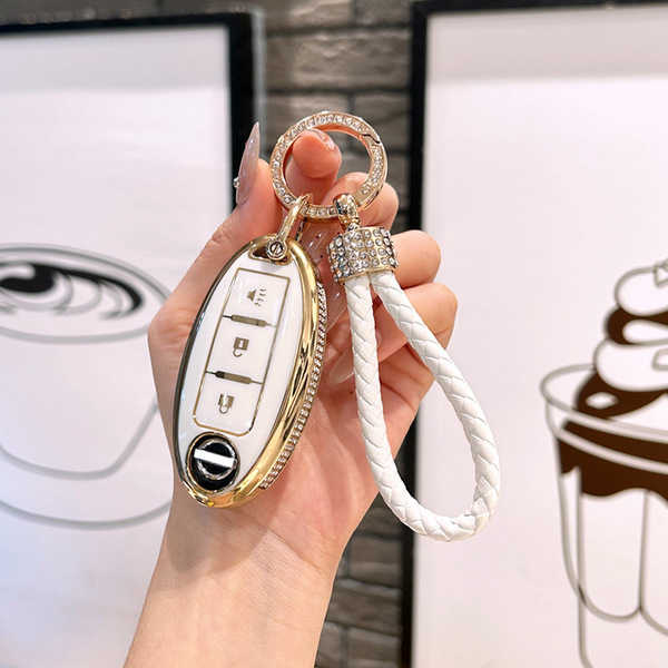 Nissan Qashqai Key Cover - Durable & Stylish | Wholesale & Custom Logo - Style A: Ivory White with Rhinestone-Studded Braided Cord