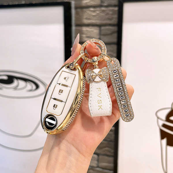 Nissan Qashqai Key Cover - Durable & Stylish | Wholesale & Custom Logo - Style A: Ivory White + Number Tag + Mini Butterfly Ribbon