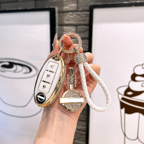 Nissan Qashqai Key Cover - Durable & Stylish | Wholesale & Custom Logo - Style A: Ivory White + Double-sided Rhinestone Label + Rhinestone-encrusted Braided Cord