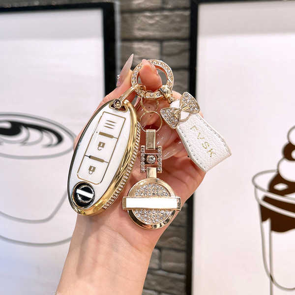 Nissan Qashqai Key Cover - Durable & Stylish | Wholesale & Custom Logo - Smart 2-button ivory white + double-sided diamond logo + butterfly mini strap