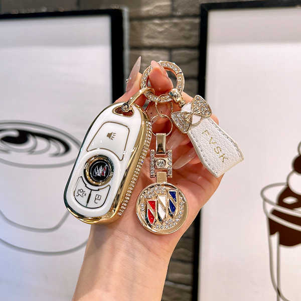 Buick Excelle Key Cover - Durable & Stylish | Wholesale & Custom - 4-button speaker, ivory white color + double-sided diamond logo + butterfly mini strap