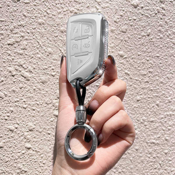 Cadillac CT5 Key Cover - Premium & Stylish | Wholesale & Custom Logo - Style C [Side Diamond Inlay] High-End Silver Ring