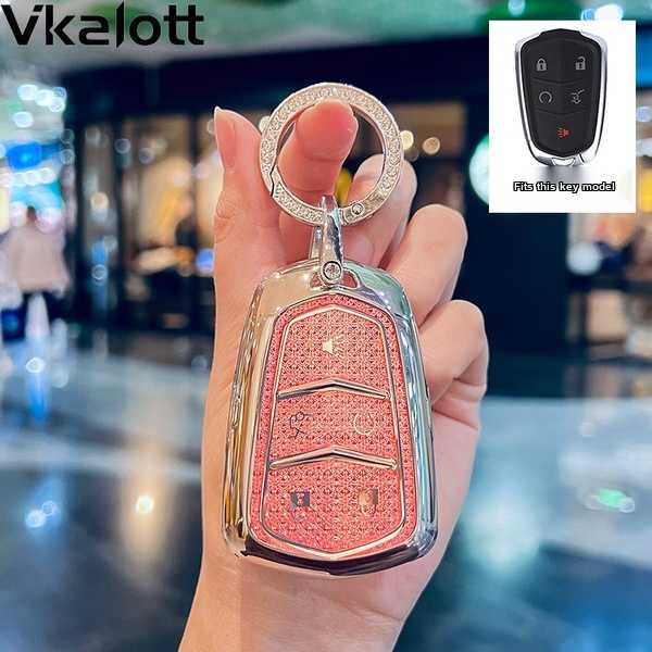 Cadillac Key Cover - Durable & Stylish | Wholesale & Custom Logo - Color: Style A, five-button design, crystal pink, silver diamond ring
