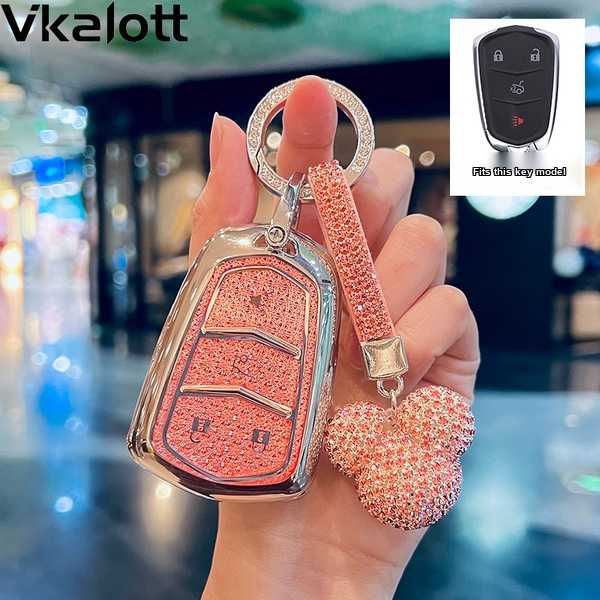 Cadillac Key Cover - Durable & Stylish | Wholesale & Custom Logo - Color: Style A, four buttons, crystal pink, silver diamond ring, pink full diamond Mickey Mouse