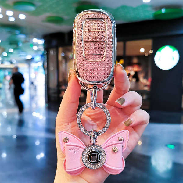 Honda CRV Key Cover - Durable & Stylish | Wholesale & Custom Logo - [New S Style] Pink with Rhinestone Bow [Free Engraving]