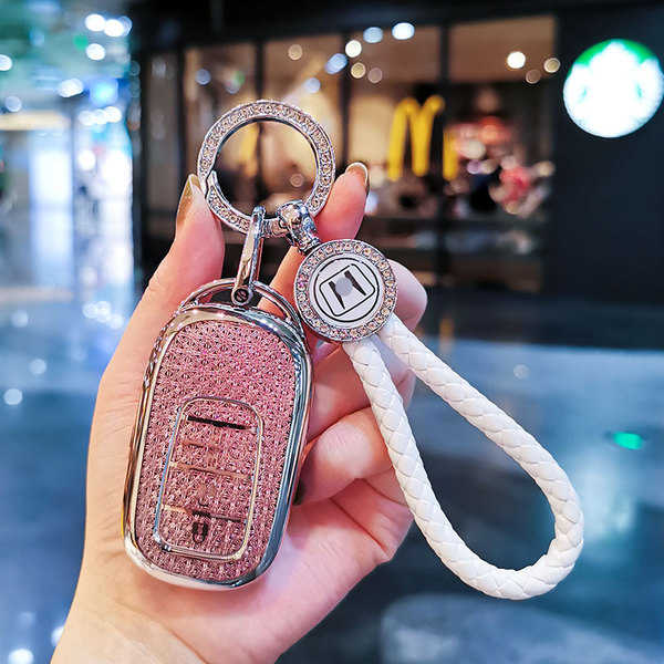 Honda CRV Key Cover - Durable & Stylish | Wholesale & Custom Logo - [New P Style] Pink Rhinestone Cord with Label