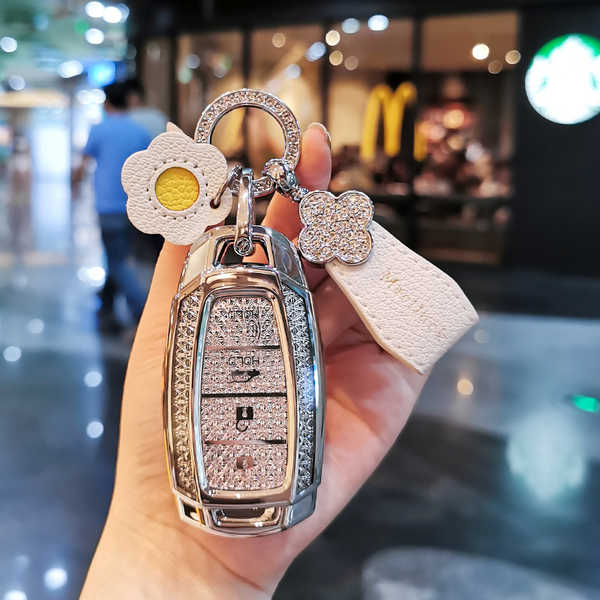 Modern ix35 Key Cover - Durable & Stylish | Wholesale & Custom Logo - 【Type D 4-Key】White Diamond Color + White Mini Strap 【Daisy Strap】