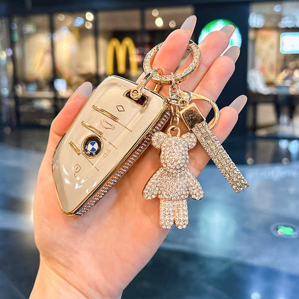 BMW 3 Series GT Key Cover - Durable & Stylish | Wholesale & Custom - 【Style A】Meteorite Gray + Gold Diamond Buckle + White Diamond-Studded Bear