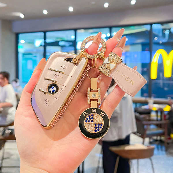 BMW 3 Series GT Key Cover - Durable & Stylish | Wholesale & Custom - 【Style A】Glitter Pink + Pink Butterfly Ribbon + Double-sided Rhinestone Mark