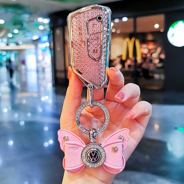 Volkswagen Viloran Key Cover - Premium Leather | Wholesale & Custom - Pink diamond color + pink car logo bow [Free engraving]