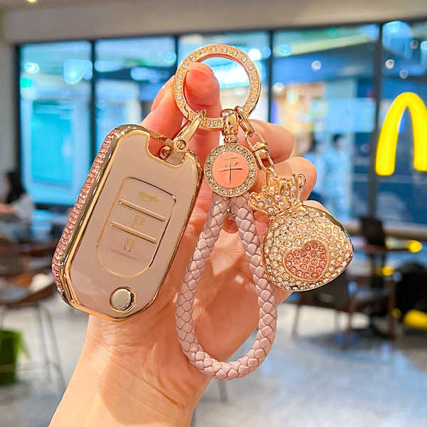 Honda CRV Key Cover - Durable & Stylish | Wholesale & Custom Logo - 【H Style】Glitter Pink + Lucky Bag Braided Rope
