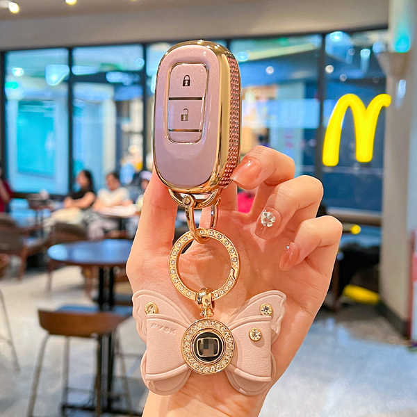 Honda CRV Key Cover - Durable & Stylish | Wholesale & Custom Logo - [New Cute Design] Flowing Sand Pink + Pink Rhinestone Bow
