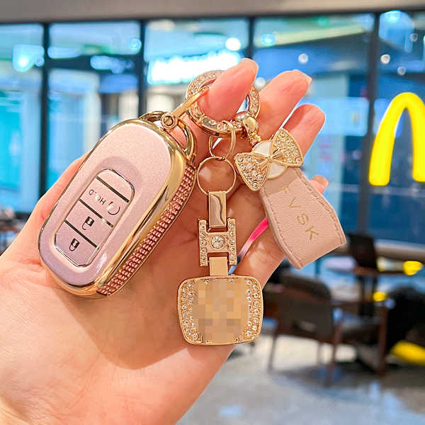 Honda CRV Key Cover - Durable & Stylish | Wholesale & Custom Logo - [New R Style] Flowing Sand Pink + Mini Butterfly Strap + Double-Sided Rhinestone Mark