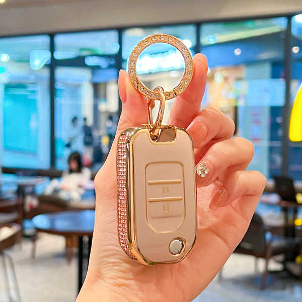 Honda CRV Key Cover - Durable & Stylish | Wholesale & Custom Logo - 【Style G】Fluorescent Pink + Gold Star Rhinestone Buckle
