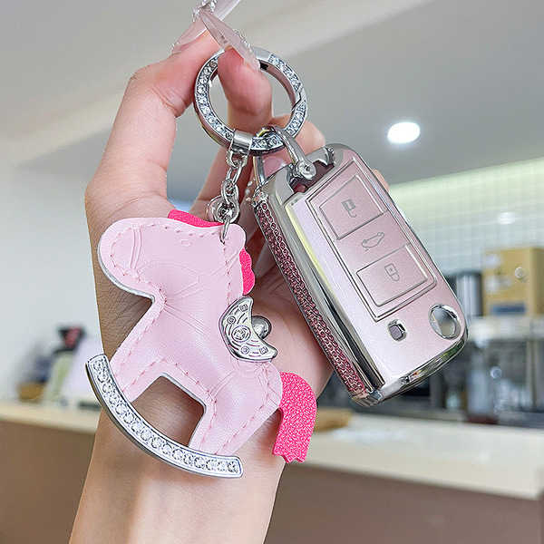 Volkswagen Key Cover - Stylish & Durable | Wholesale & Custom Logo - Color Classification: Style B Half-Enclosed Pink Rhinestones + Horse