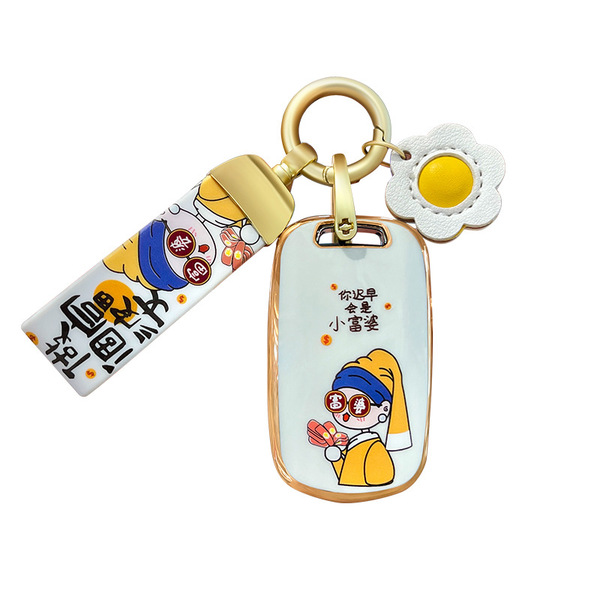 Cute wuling hongguang mini ev key cover featuring a cartoon character with a yellow headband, holding shrimp, and the phrase ...