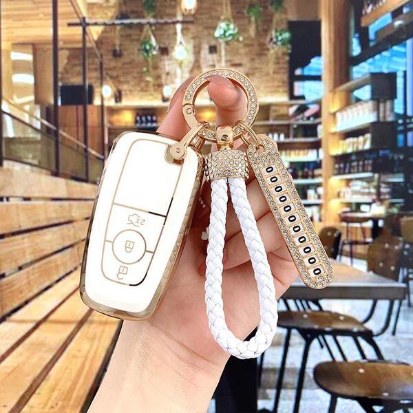 Lincoln Key Fob Cover - Durable & Stylish | Wholesale & Custom Logo - Color Classification: White with Gold Trim, Style F [Bag + Full Gold Rhinestone Buckle] Includes Rhinestone Number Tag