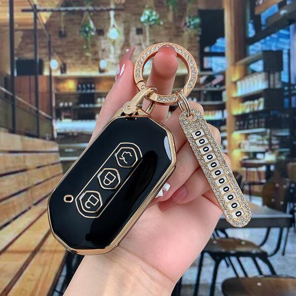 Wuling Hongguang Mini EV Key Cover - Durable & Stylish | Wholesale & Custom - Color Classification: Black with Gold Trim, Style D [Bag + Gold Diamond Buckle], Includes Diamond-Encrusted Number Tag