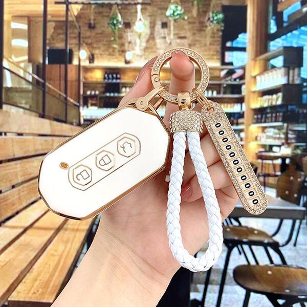Wuling Hongguang Mini EV Key Cover - Durable & Stylish | Wholesale & Custom - Color Classification: White with Gold Trim, Style D [Bag + Full Gold Rhinestone Buckle Cord] Includes Rhinestone Number Tag