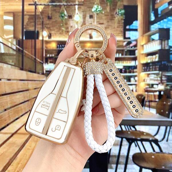 HQ9 ehs9 Car Key Cover - Adorable & Durable | Wholesale & Custom - Color Classification: White with Gold Trim, Style B [Bag + Full Gold Rhinestone Buckle Cord] Includes Rhinestone Number Tag