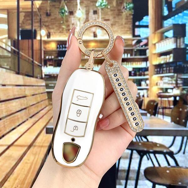 Porsche Key Cover - Durable & Stylish | Wholesale & Custom Logo - Color Classification: White with Gold Trim, Style B [Bag + Gold Diamond Buckle, Includes Diamond-Encrusted Number Tag]