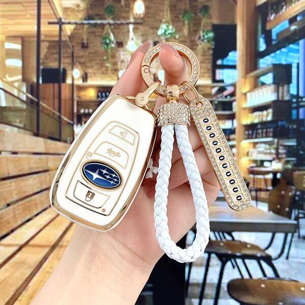 Subaru Forester Key Cover - Durable & Stylish | Wholesale & Custom - Color Classification: White with Gold Trim, Style A [Bag + Full Gold Rhinestone Buckle Cord] Includes Rhinestone Number Tag