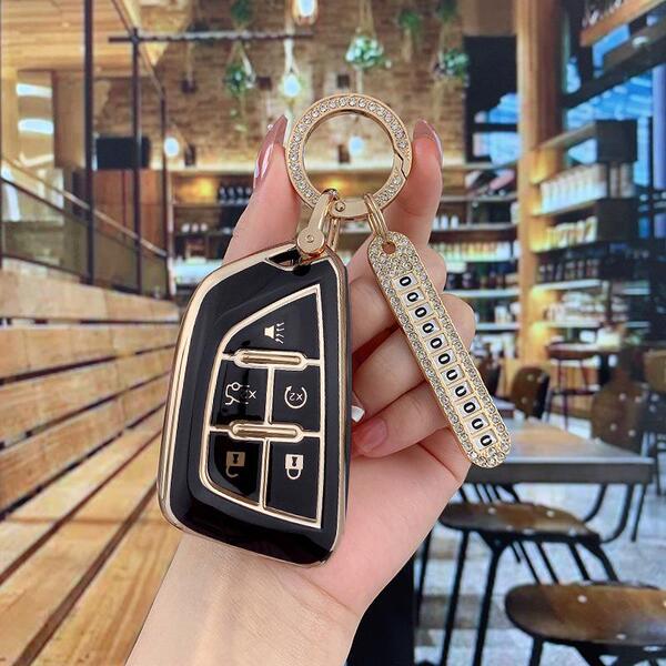 Cadillac XT5 Key Cover - Premium Leather & Stylish | Wholesale & Custom - Color Classification: Black with Gold Trim, Style D [Bag + Gold Diamond Buckle], Includes Diamond-Encrusted Number Tag