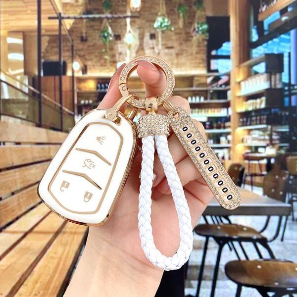 Cadillac XT5 Key Cover - Premium Leather & Stylish | Wholesale & Custom - Color Classification: White with Gold Trim, Style A [Bag + Full Gold Rhinestone Buckle Cord] Includes Rhinestone Number Tag
