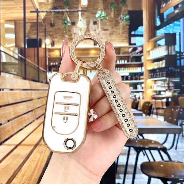Honda Accord 10th Gen Key Cover - Stylish & Durable | Wholesale & Custom - Color Classification: White with Gold Trim, Style B [Bag + Gold Diamond Buckle, Includes Diamond-Encrusted Number Tag]