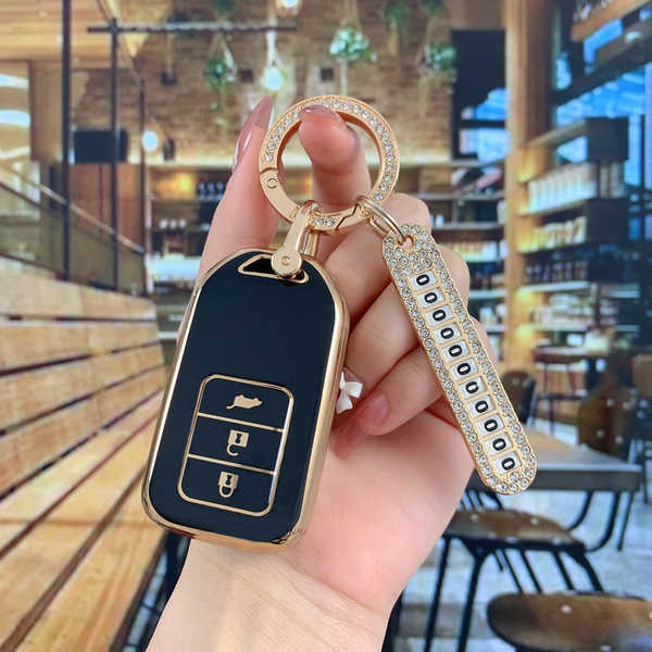 Honda Accord 10th Gen Key Cover - Stylish & Durable | Wholesale & Custom - Color Classification: Black with Gold Trim, Style D [Bag + Gold Diamond Buckle], Includes Diamond-Encrusted Number Tag